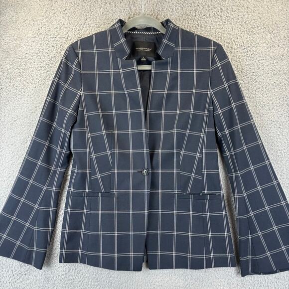 Banana Republic Blazer Womens 2 Navy Academia Preppy Business Plaid Windowpane - Picture 2 of 12